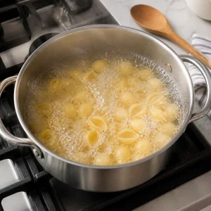 Small shell pasta boiling in a pot of salted water