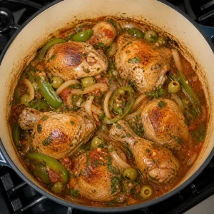 Browned chicken simmering with tomato sauce, peppers, onions, herbs, and olives