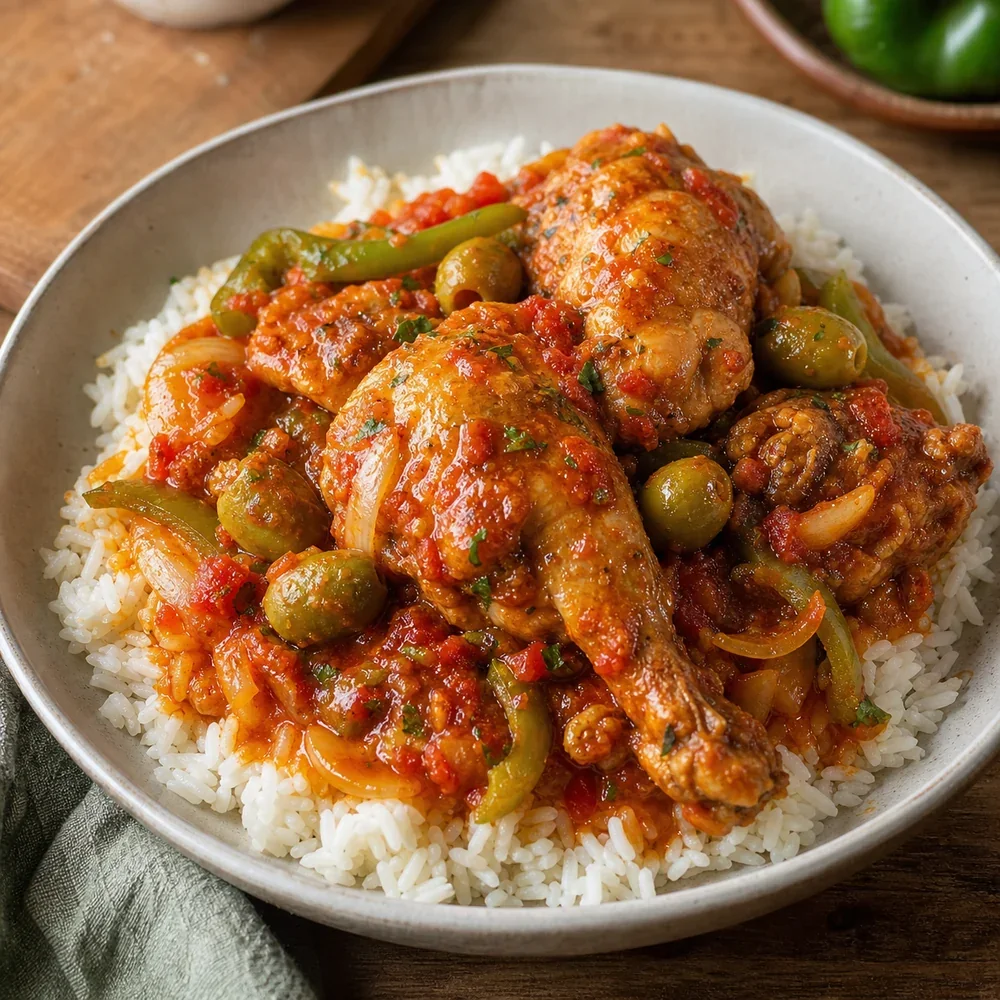 Dominican pollo guisado with tomato-pepper sauce and olives over white rice