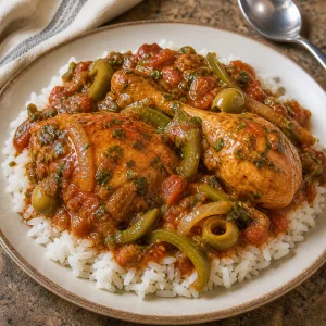 Pollo guisado spooned over fluffed white rice with tomato-pepper sauce