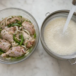 Seasoned chicken resting beside white rice being rinsed in a strainer