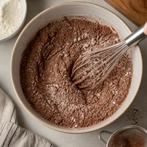 Cocoa flour mixture being whisked in a mixing bowl