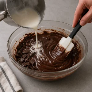 Dark chocolate melting into hot cream for a glossy glaze
