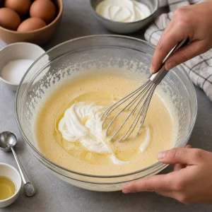 Pale egg mixture being whisked with sour cream in a large bowl