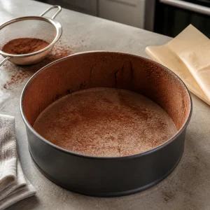 Prepared round cake pan lined with parchment and dusted with cocoa
