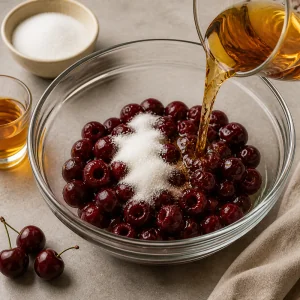 Sour cherries soaking with brandy and sugar in a glass bowl