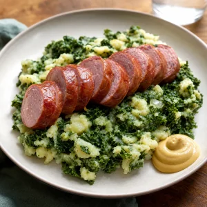 Dutch stamppot with sliced smoked sausage and mustard on a plate