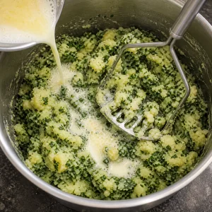 Puree z ziemniakow i jarmuzu mieszane z cieplym mlekiem i roztopionym maslem