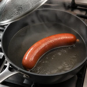 Wedzona kielbasa podgrzewana na patelni z niewielka iloscia wody