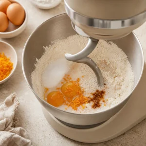 Zutaten fuer Colomba-Teig in der Ruehrschuessel