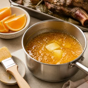 Glaenzende Orangen-Honig-Glasur koechelt in einem kleinen Topf