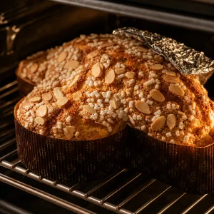 Goldene Colomba mit Mandeln und Hagelzucker im Ofen