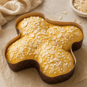 Aufgegangener Colomba-Teig mit Mandeln und Hagelzucker