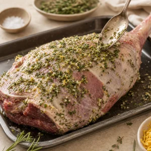 Rohe Lammkeule mit Knoblauch-Rosmarin-Paste