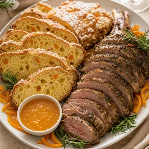 Aufgeschnittene Kraeuter-Lammkeule mit gepuderter Colomba