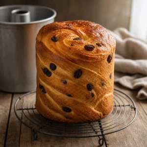 Kulich kraffin dorato con uvetta che si raffredda su una griglia