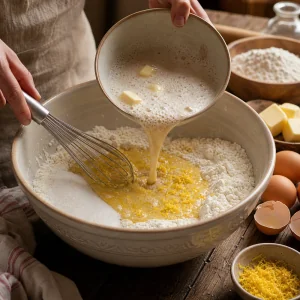 Miscela di uova e lievito versata nella farina per l impasto del kulich