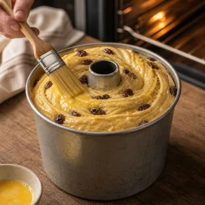 Uovo sbattuto spennellato sull impasto a spirale lievitato del kulich
