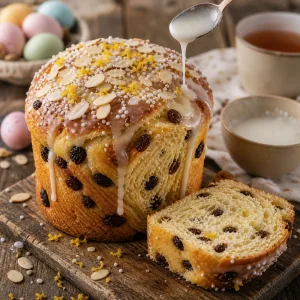 Glassa al limone colata sul kulich kraffin tagliato con zucchero perlato