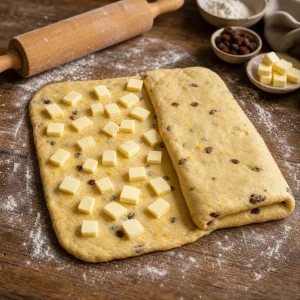Sfoglia di impasto con uvetta punteggiata di burro freddo