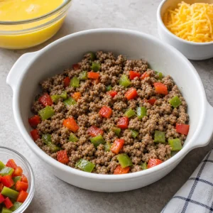 Salsicha esfarelada e pimentos em cubos espalhados na forma