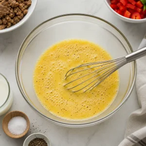 Ovos e leite batidos com sal e pimenta preta ate ficarem espumosos