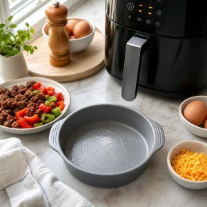Forma redonda untada pronta ao lado de uma air fryer a preaquecer