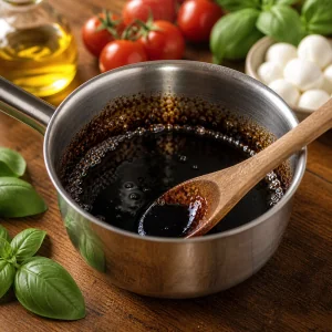 Balsamic vinegar reducing in a small saucepan