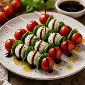 Caprese skewers drizzled with olive oil and balsamic glaze