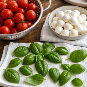Cherry tomatoes, basil, and mozzarella drying on towels