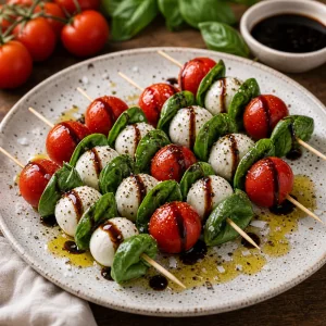 Finished caprese skewers with flaky salt and black pepper