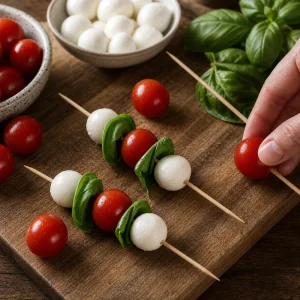 Tomatoes, basil, and mozzarella threaded onto bamboo skewers