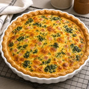 Quiche assada de espinafre, presunto e cheddar esfriando em uma forma branca.
