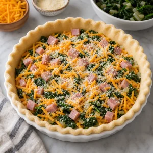 Massa de torta em camadas com cheddar, espinafre, cebola, presunto e parmesao.