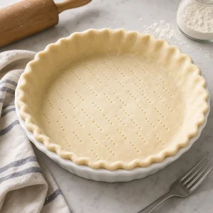Massa de torta vazia furada em uma forma branca para quiche de cafe da manha.