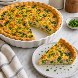 Quiche fatiada de espinafre, presunto e cheddar com ervas frescas.