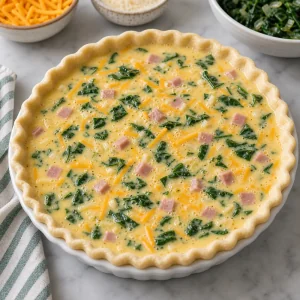 Quiche crua preenchida com creme de ovos logo abaixo da borda da massa.