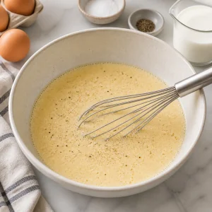 Creme batido de ovos, leite e nata para quiche de espinafre e presunto.