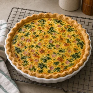 Quiche de cafe da manha inteira descansando antes de fatiar.