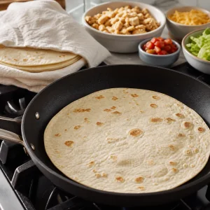 A flour tortilla warming in a dry skillet until soft and pliable.