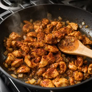 Cooked chicken pieces coated with cumin and chili powder in a skillet.