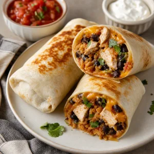Finished chicken burritos with black beans, rice, cheddar cheese, cilantro, salsa, sour cream, lime, and guacamole.