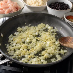 Onion and minced garlic sizzling in olive oil in a skillet for chicken burritos.
