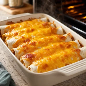 Rolled chicken burritos in a baking dish topped with melted cheddar cheese.