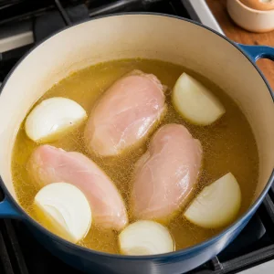 Chicken breasts and quartered onion simmering in chicken broth for posole
