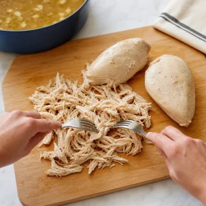 Cooked chicken breast shredded into bite-sized pieces with two forks