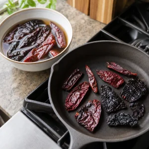 Dried guajillo and ancho chiles toasted and soaking in hot water for chicken posole