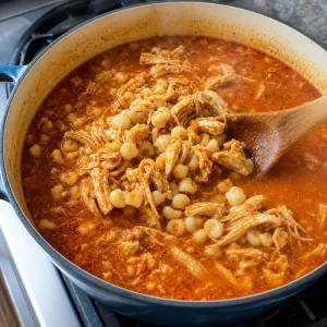 Shredded chicken and white hominy simmering in red chile broth