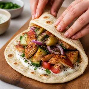 Chicken shawarma flatbread being folded with sumac and colorful filling