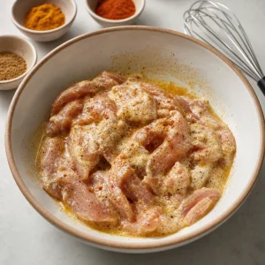 Chicken strips tossed in yogurt shawarma marinade with spices and garlic